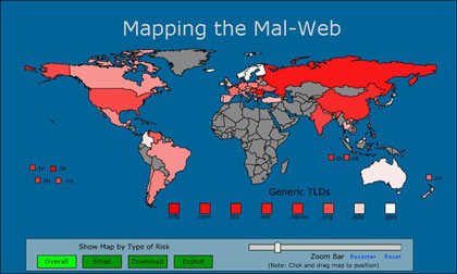 McAfee's SiteAdvisor conducted a study designed to alert the public to the problem of Malware and its sources.  Click the map for the full study.